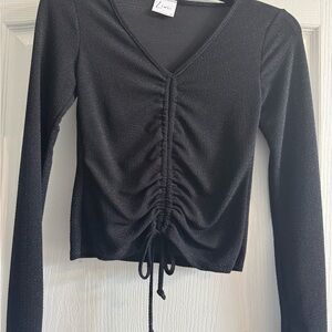 Olivia Rae Black Shimmery Ruched V-Neck Blouse perfect for Fall